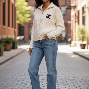 Rare Designer Celine Cream Cable Knit Merino Wool  Cardigan Sz  LG Made In Italy